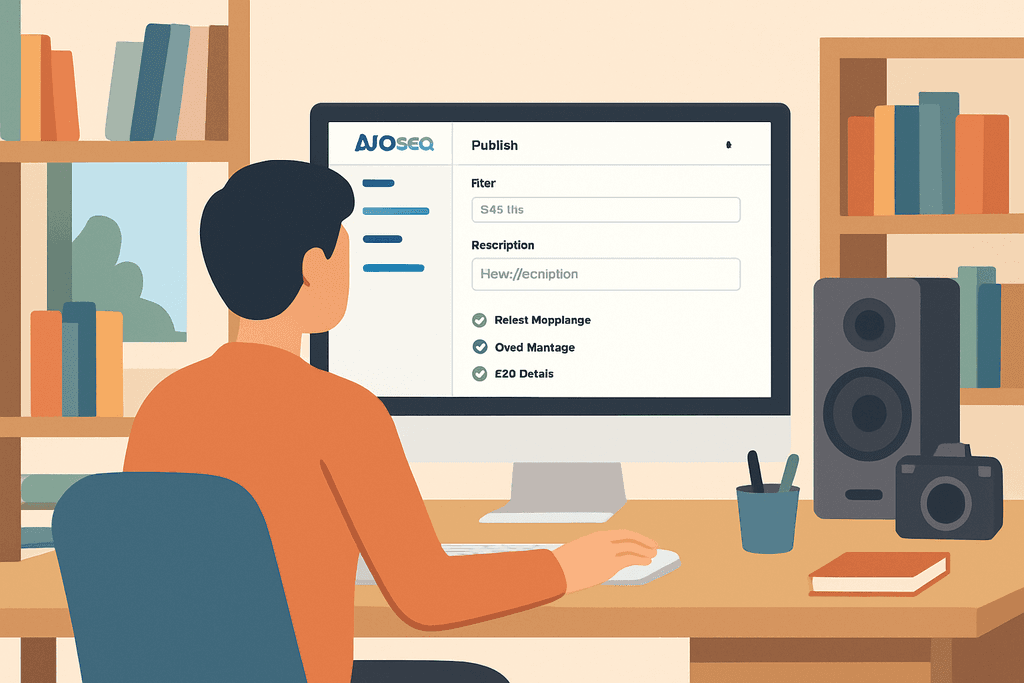 在桌前使用電腦的男子，正在操作網站經營平台。螢幕上顯示著發布界面，包括過濾器和描述欄。他的背後是書架，擺滿了書本，顯示出良好的學習環境，與人工智慧應用於網站架設的主題相呼應。