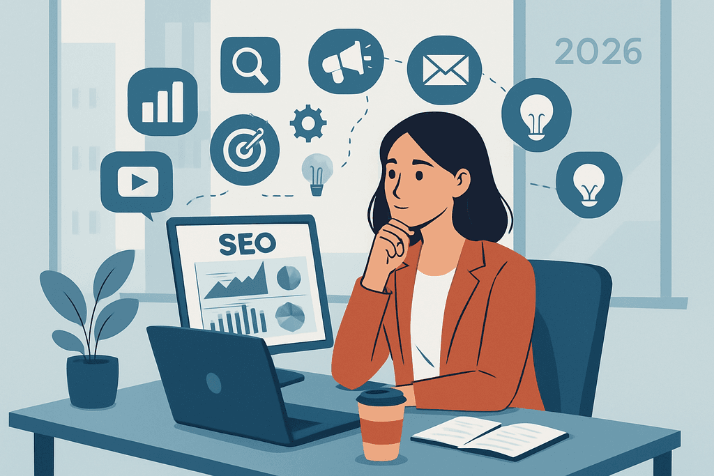 圖片中，一位女性坐在桌前，注視著電腦螢幕，上面顯示有關SEO的圖表與數據，四周漂浮著多個相關的圖示，如搜尋、電郵和社交媒體。她神情專注，周圍有綠色植物，展示出現代網站經營的環境。