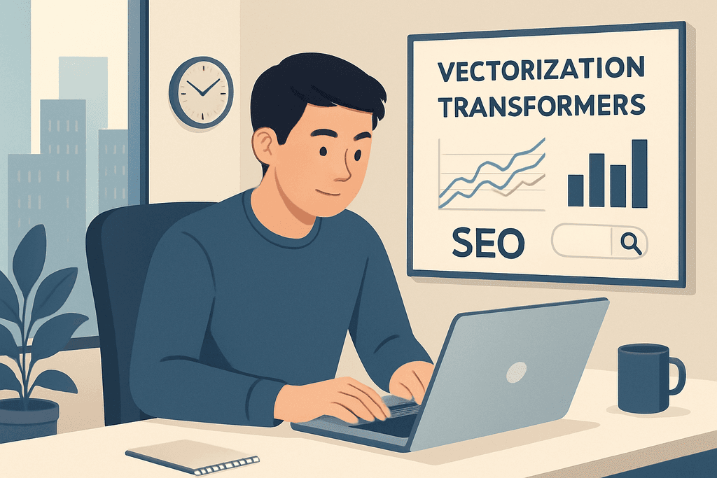 圖片中一位男性正在辦公室內使用筆記型電腦，螢幕上顯示有關人工智慧和網站經營的圖表，背景有城市景觀與綠色植物，展現出運用人工智能進行網站架設的場景。