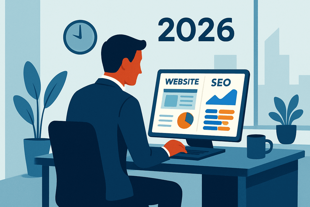 一位男士正坐在辦公桌前，專注於電腦螢幕上顯示的網站經營和SEO數據，大樓窗外的城市景觀和旁邊的綠色植物映襯著現代的辦公環境，整體畫面展現出人工智能在網站架設中的重要性。