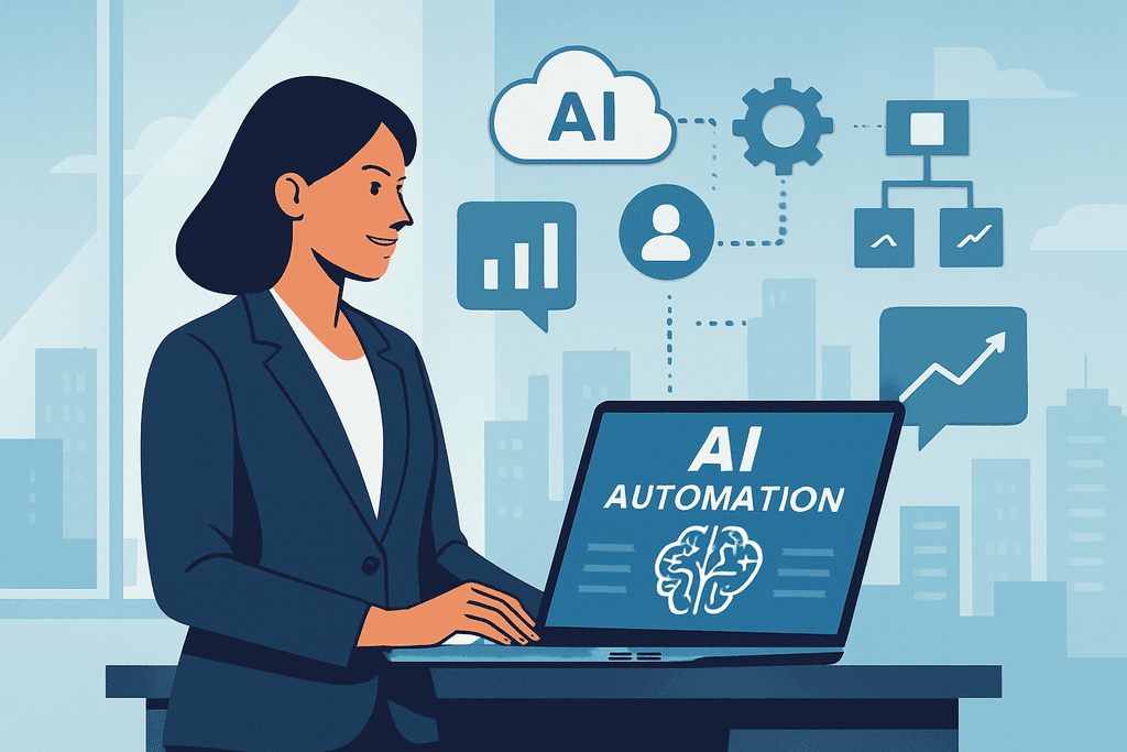 圖片中一位職業女性坐在辦公桌前，專注於她的筆記型電腦，螢幕上顯示著「AI AUTOMATION」的字樣，周圍環繞著與人工智慧和網站經營相關的圖示，如雲端、數據圖表和使用者圖示，展現出現代化的工作環境。