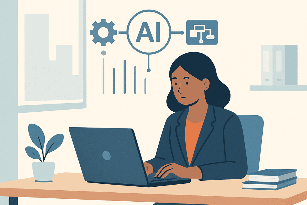 這張圖片展示了一位女士坐在辦公桌前，正在使用筆記型電腦。背景中有與人工智慧（AI）相關的圖示，例如齒輪和數據圖表。這幅畫面突顯出人工智能在網站架設與網頁設計上的應用。