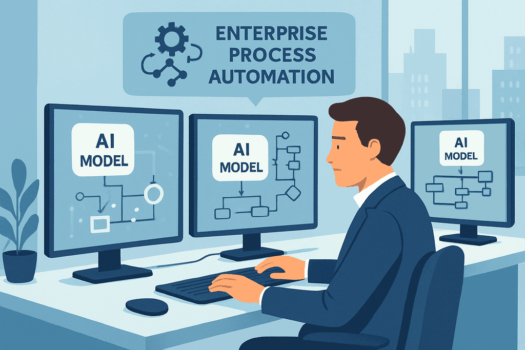 圖片展示了一位專注的工作人員，坐在充滿科技感的辦公室裡，前方有三台顯示器顯示不同的人工智慧模型和流程圖，旁邊有一盆綠色植物，整體氛圍活躍而專業，突顯人工智慧在網站經營中的應用。