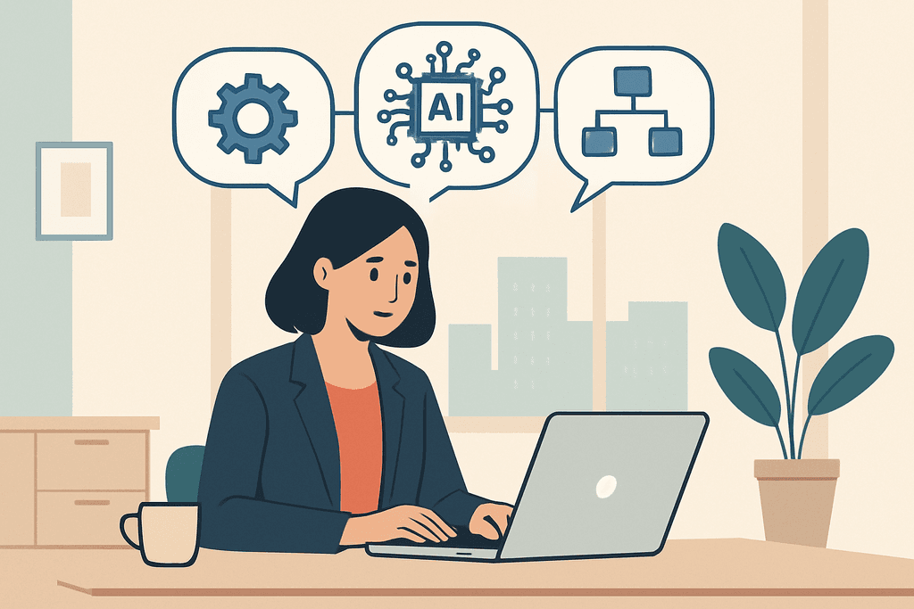 圖片展示一位女性在辦公室內使用筆記型電腦，專注於人工智慧與網站經營相關的工作，旁邊有代表AI及網頁設計的圖示，背景明亮而充滿現代感。