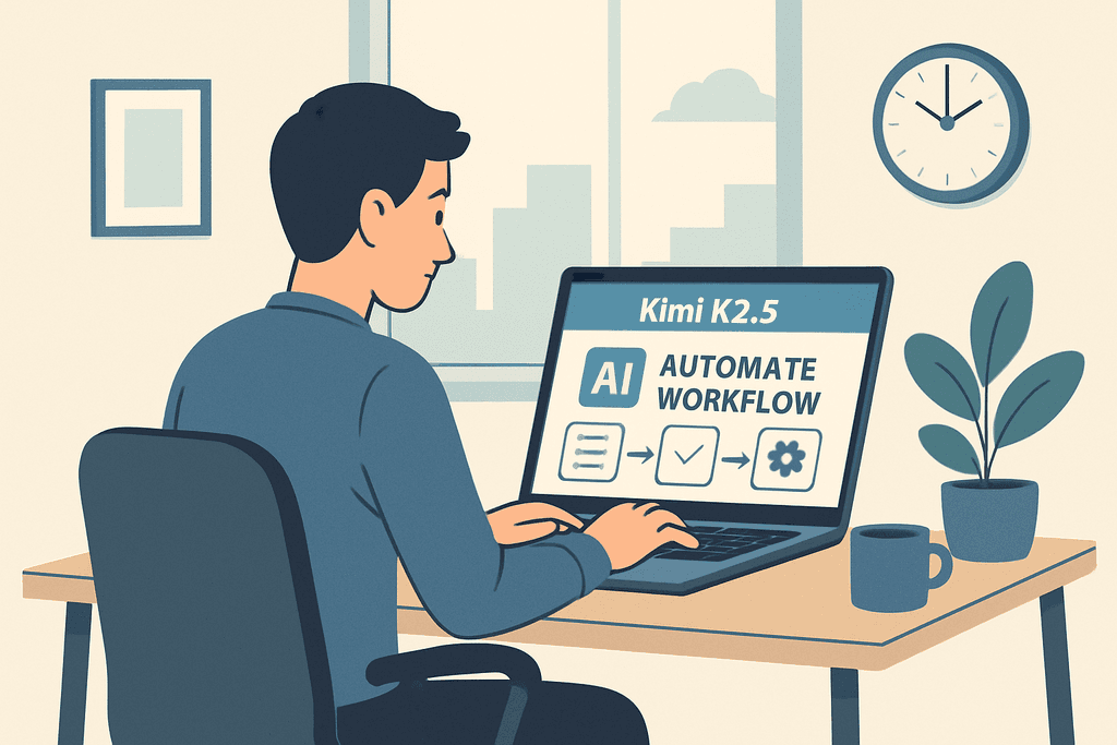 一位男士坐在辦公室內，專注地使用筆記型電腦，螢幕上顯示著「Kimi K2.5」及「自動化工作流程」的資訊，周圍環境明亮且有綠色植物，呈現出現代化的工作氛圍，展示人工智慧應用於網站經營的潛力。