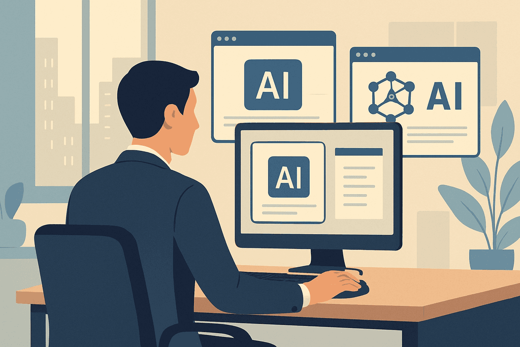 這張圖片顯示一位商務人士正在電腦前專注研究人工智慧相關的網站內容,桌面上展示各種與AI技術有關的網頁,強調人工智能在網站經營與設計中的應用。