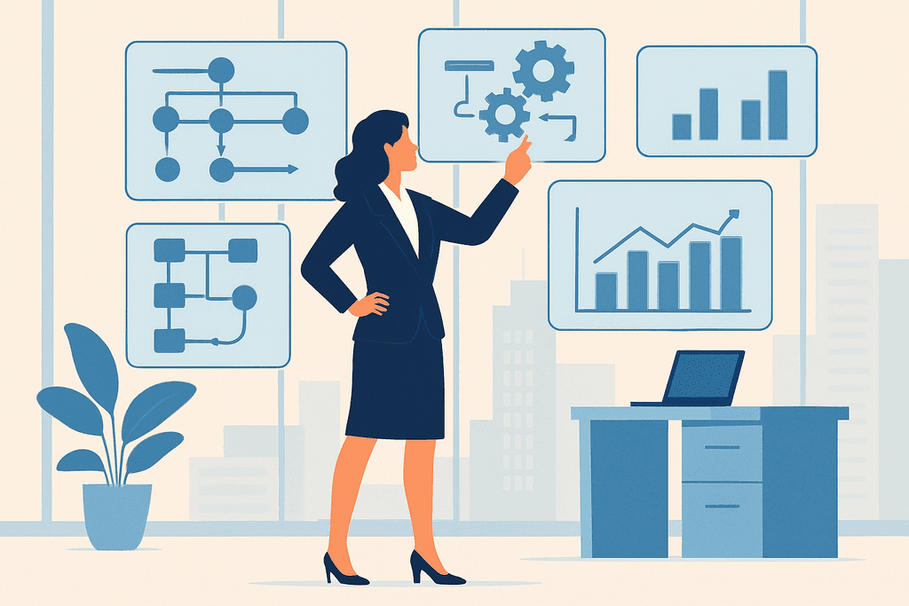 這張圖片展示一位職業女性在現代化辦公室中，指著螢幕上的人工智慧數據圖表，背景中有多個流程圖與趨勢圖，顯示出網站經營和網頁設計的分析情況。