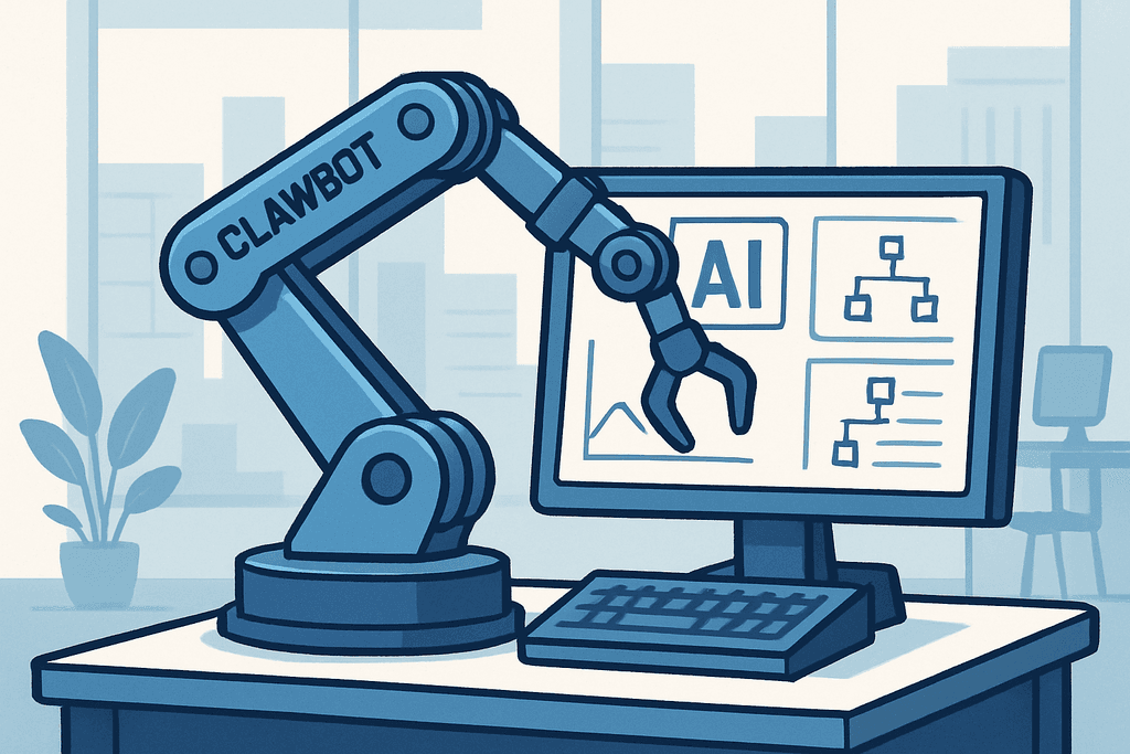 這張圖片展示了一個名為CLAWBOT的機械手臂，正坐落於一張辦公桌上，旁邊是一台顯示著人工智慧(AI)資訊的電腦螢幕，背景有綠色植物，營造出現代化的工作環境，突顯了人工智能在網站經營與網頁設計上的應用。