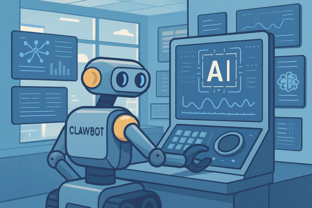 一個名為CLAWBOT的機器人在工作站前，專注於螢幕顯示的人工智慧資料，周圍有多個顯示器呈現不同的數據分析圖表，代表著人工智能在網站經營中的應用場景。