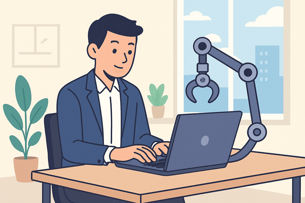 一名男士坐在辦公室裡，專注地使用筆記型電腦，邊上有一隻機械手臂正在協助他。他身旁的綠色植物為空間增添了一絲生機，完美展現了人工智慧與網站經營的結合。