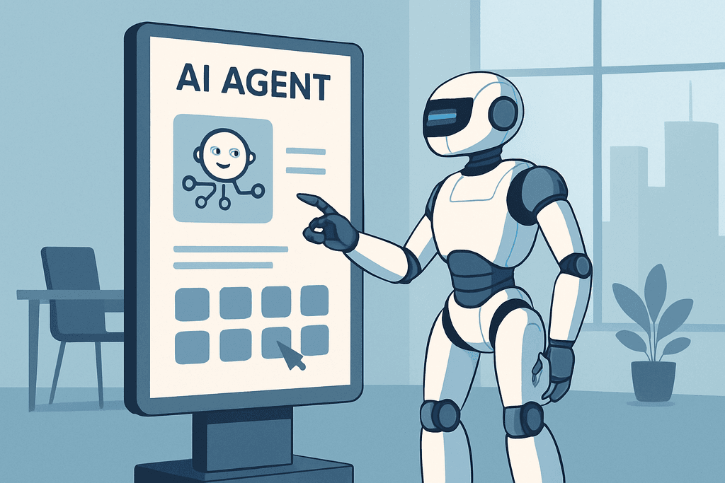 圖片展示一個人工智慧機器人正在與一個顯示「AI AGENT」的互動界面互動，在辦公室的環境中，機器人似乎正準備執行某個任務，呈現出人工智能的應用潛力，並強調網站經營和網站架設的最新技術。