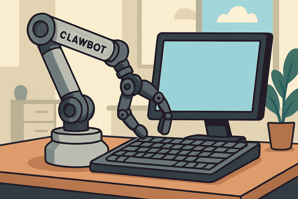 這張圖片展示了一個機器手臂與電腦鍵盤的工作場景，突顯人工智慧在網站架設和網頁設計中的應用，環境簡約，背後有綠色植物增加生氣。