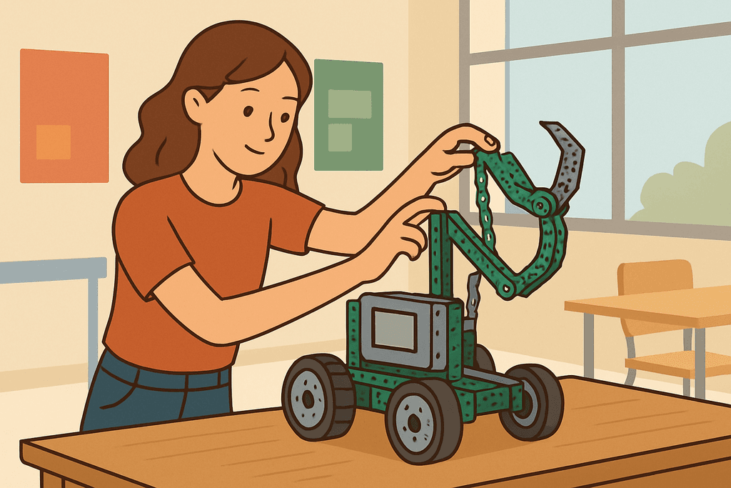 一名女孩正在桌上細心組裝一台人工智慧機器人，機器人擁有活動的手臂和輪子，背景為一間明亮的教室，展現出網站經營與網頁設計的科技教育氛圍。