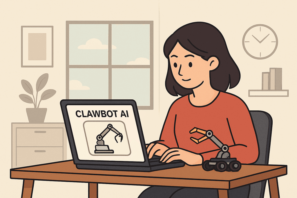 一名女生坐在書桌前，專注地使用電腦，螢幕上顯示著「CLAWBOT AI」的字樣，旁邊有一個小型機械爪玩具，背景是一個明亮的居家環境，牆上掛著時鐘和裝飾畫，顯示出運用人工智慧的網站經營與設計氛圍。