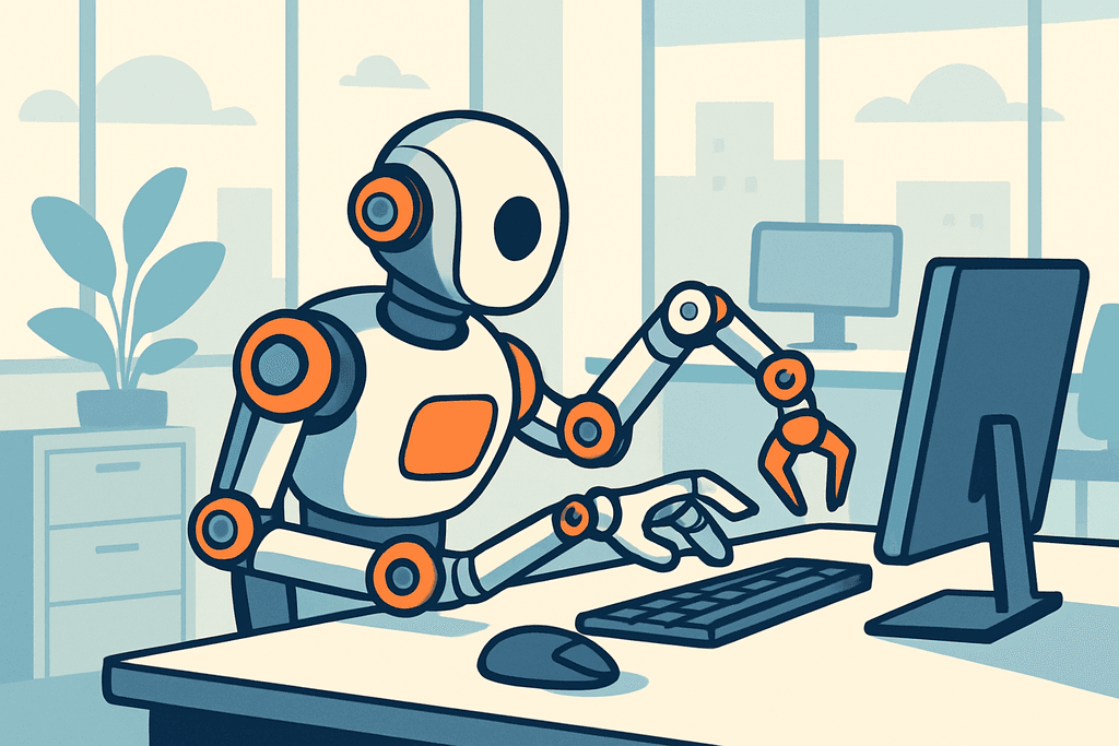 這張圖片顯示一個人工智慧機器人正在辦公室環境中使用電腦，手指靈活地按下鍵盤，周圍有綠色植物和桌上電腦，完美展示人工智能在現代工作中的應用。