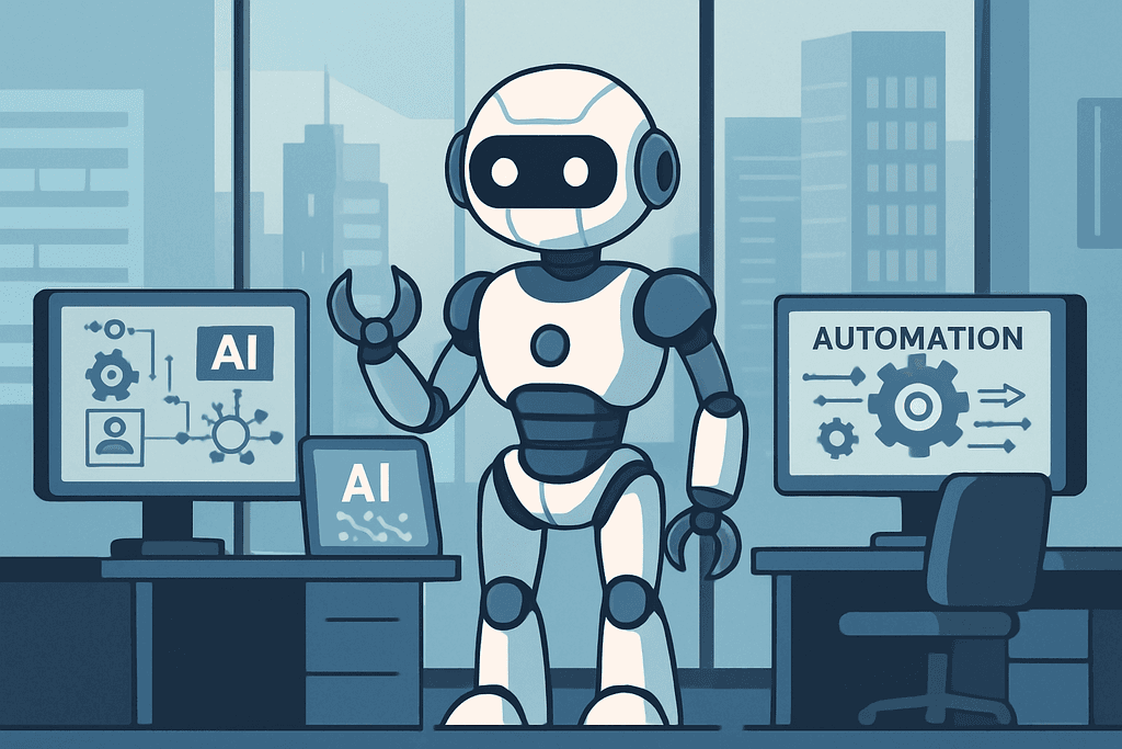 這張圖片顯示了一個人工智慧機器人在辦公室內的情景，周圍有兩台顯示AI圖形和自動化流程的電腦螢幕，營造出科技感十足的工作環境。