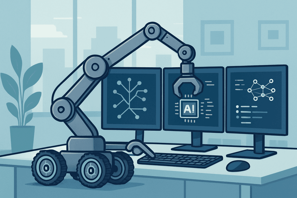 這張圖片顯示了一台配備機械手臂的工作站，前景中有四台電腦顯示著數據畫面，桌面上有鍵盤和滑鼠，環境中還有一盆綠色植物，象徵著人工智慧和網站經營的結合。