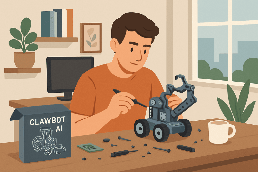 圖中一位男性正在細心組裝名為「CLAWBOT AI」的機器人，桌上散落著零件，旁邊有一台電腦與一杯咖啡，顯示出他在利用人工智慧進行創意設計的過程。