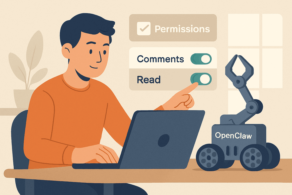 在這張圖片中，一位男士坐在桌前，正在使用筆記型電腦操作網站的AI工具，手指指向名為「OpenClaw」的機器人，顯示出網站的權限設置選項，背景有些植物，環境明亮而舒適。