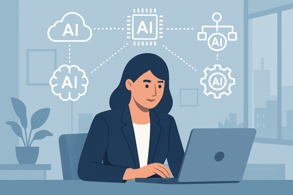 在現代化辦公室中，一位女性專注地使用筆記型電腦，周圍顯示出多個與人工智慧相關的圖標，如雲端計算、AI處理器和智能圖表，展現了人工智能對現代網站經營的重要性。