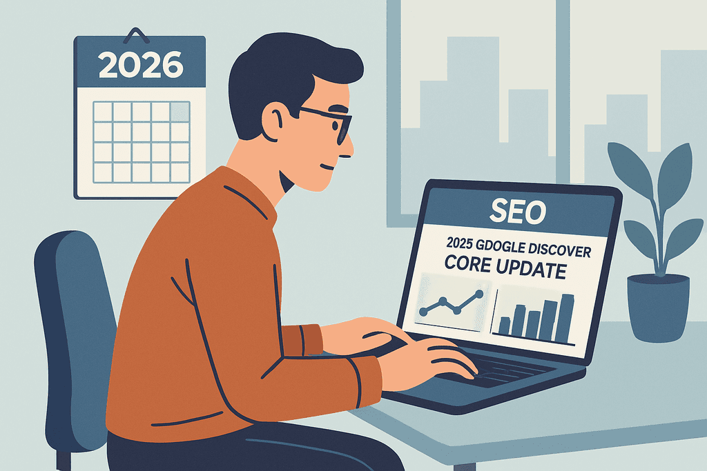 圖片顯示一位正在使用筆記型電腦的男性,他專注於網站經營的SEO內容創作,屏幕上顯示有關2025年Google Discover核心更新的數據分析。背景有一個標示為2026年的日曆,並且旁邊有一盆植物,營造出舒適的工作環境。