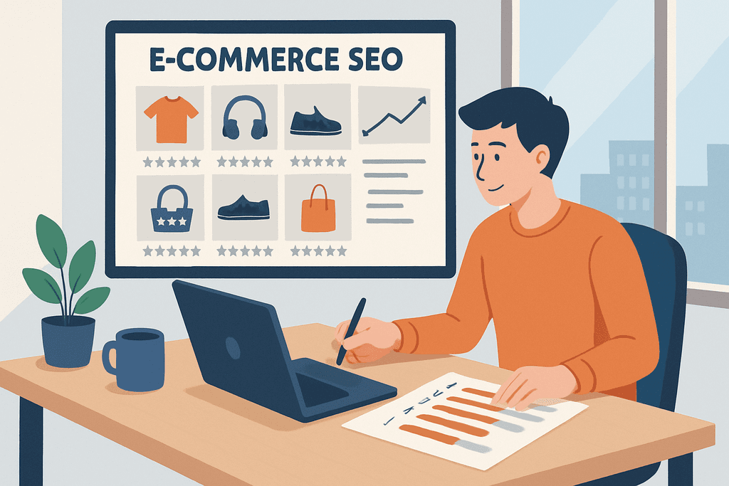 一位年輕男性坐在辦公桌前，正專注於電腦螢幕上的電子商務SEO資料，桌上有份報告和咖啡杯，背景有一盆綠色植物，這幅圖描繪了網站經營與人工智慧在商品推廣中的關聯。