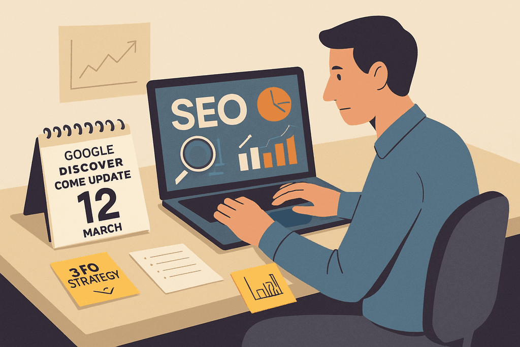 一位年輕男性坐在辦公桌前，專注地使用筆記型電腦，螢幕上顯示SEO相關圖表與數據，桌上擺放著標示「3FO策略」的黃色便條，以及一個註明更新日期的台曆，背景中有上升的圖表，充分展現人工智能在網站經營與網頁設計中的重要性。