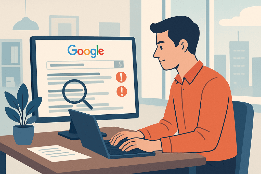 一名男子坐在辦公桌前，專注地使用筆記型電腦，他正在透過Google搜尋關於網站經營和網頁設計的資訊，桌上還有一盆綠色植物，背景顯示出明亮的辦公環境。