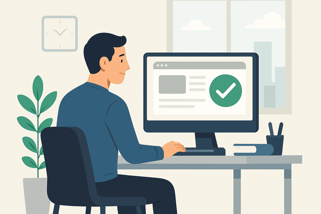 一名男子坐在辦公桌前，面對著顯示成功設立網站的電腦螢幕，背景有窗戶和綠色植物，畫面營造出專注和成就感的氛圍，展現人工智慧在網站經營中的應用。