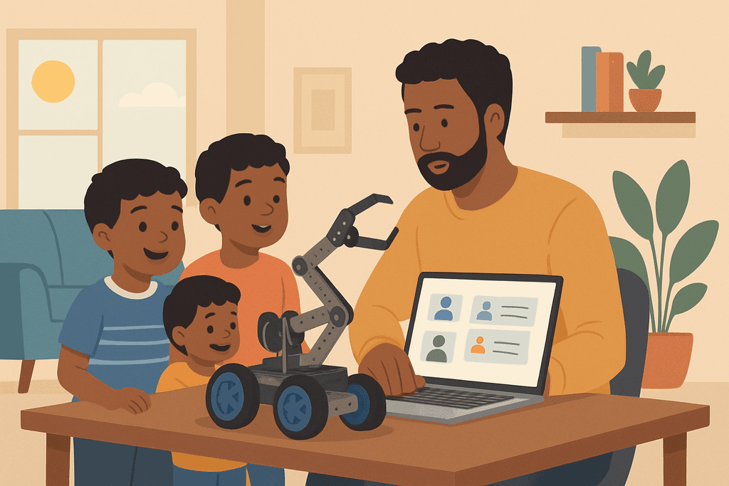 圖片中一位父親正與三個孩子在家中桌上互動，桌上有一個簡易的機器人和一台筆記型電腦，螢幕上顯示了網站架設相關的內容，展現出人工智慧與孩子們的學習過程。