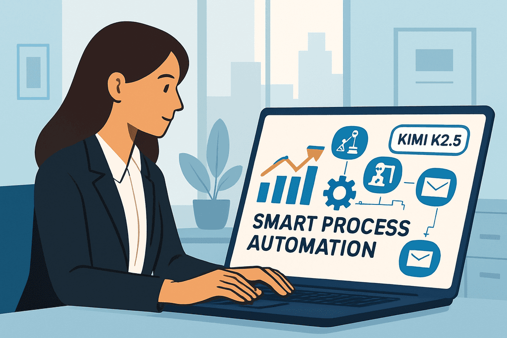 圖片中一位女性正坐在辦公桌前，專注地使用筆記型電腦。螢幕上顯示「SMART PROCESS AUTOMATION」的標題，並包含多個與自動化相關的圖示，如流程圖和數據指標，整體風格展現現代辦公室的氛圍，反映出人工智慧在網站經營中的應用。