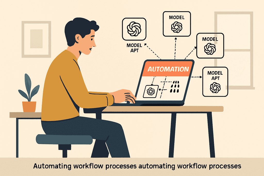 這張圖片展示一位青年專注於電腦螢幕，正在利用人工智慧技術自動化工作流程。桌面上有一盆植物，背景牆上懸掛著畫作，整體環境顯得舒適且專業。