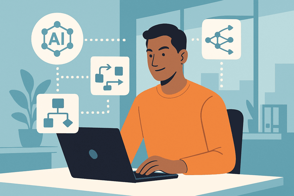 一位男士坐在辦公桌前使用筆記型電腦，螢幕上顯示有關人工智慧的圖示與流程圖，展示網站設計中人工智能的應用。