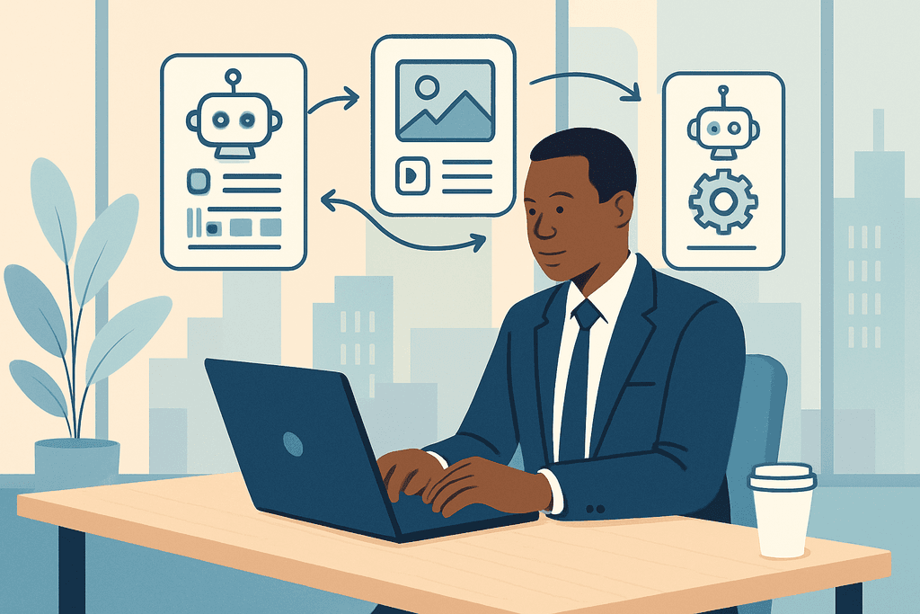 一位穿著西裝的商務男士坐在桌前，手放在筆電上，專注於運用人工智能技術進行網站架設和網頁設計。桌上擺有咖啡杯，背景可見城市的高樓大廈，顯示出現代工作環境的氛圍。