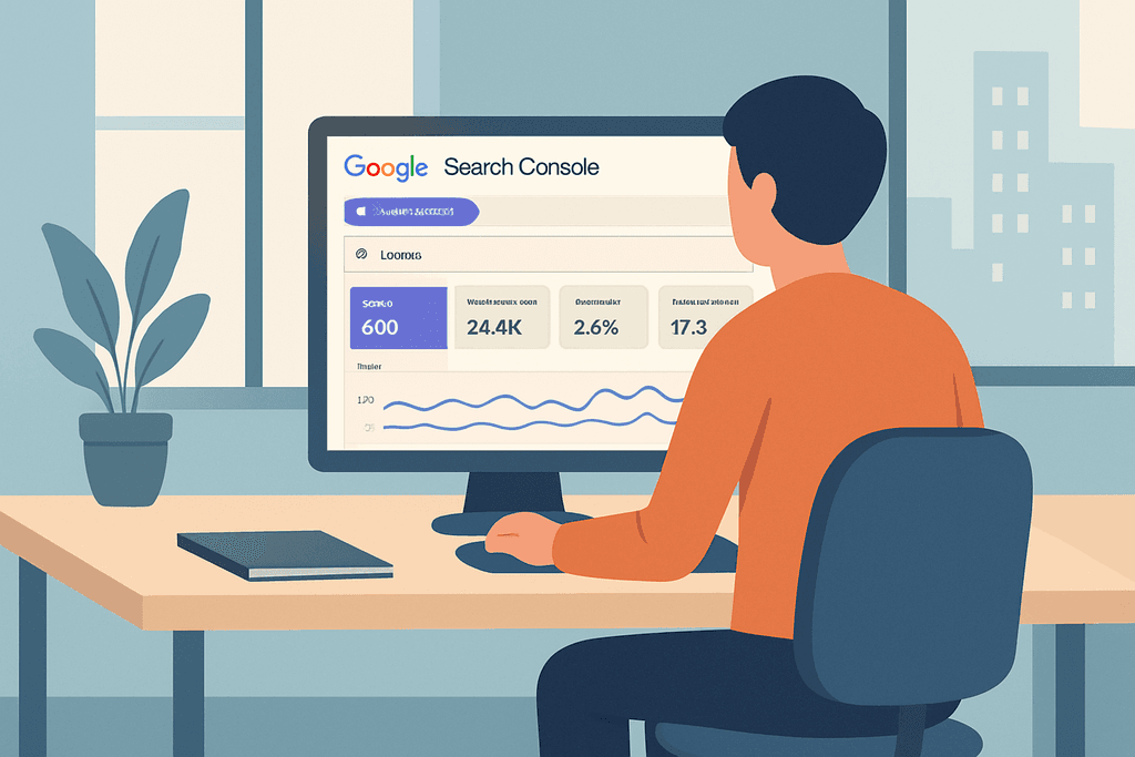 這張圖片展示了一位男性坐在桌前，面對著顯示「Google Search Console」的電腦屏幕，畫面中可見關鍵網站數據如跳出率和點擊量，場景表達出人工智慧與網站經營的結合，反映出網站架設及網頁設計的重要性。