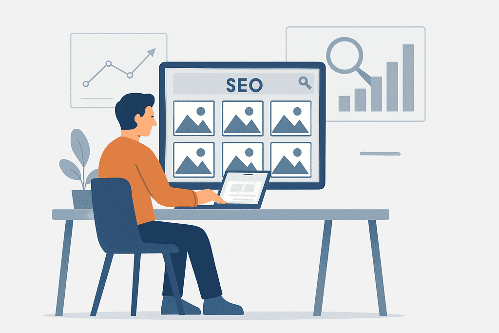 這張圖片顯示一位專注的男士坐在桌前使用筆記型電腦，畫面上有搜尋引擎優化（SEO）相關的圖表及圖片庫，搭配人工智慧技術進行網站設計與架設的過程。