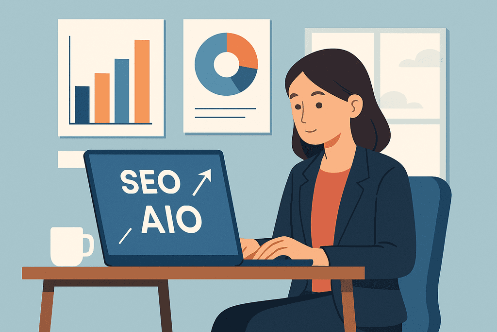 一位女性坐在辦公桌前，專注地在筆記型電腦上進行人工智慧網站架設的操作，背景牆上有顯示網站經營成果的圖表，顯示出她正在運用AI進行網頁設計的情境。