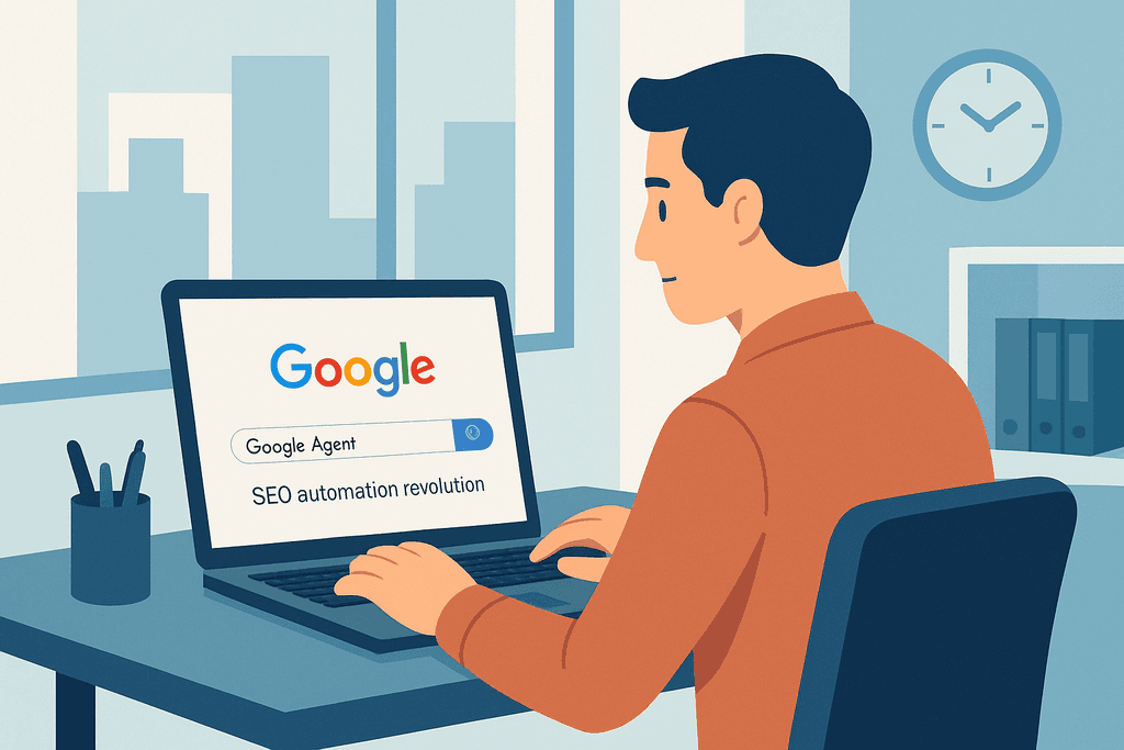 這張圖片展示一位正坐在桌前使用筆記型電腦搜尋「Google Agent」以及「SEO自動化革命」的男性，背景有清晰的窗外景色，強調人工智慧在網站經營和網頁設計中的重要性。