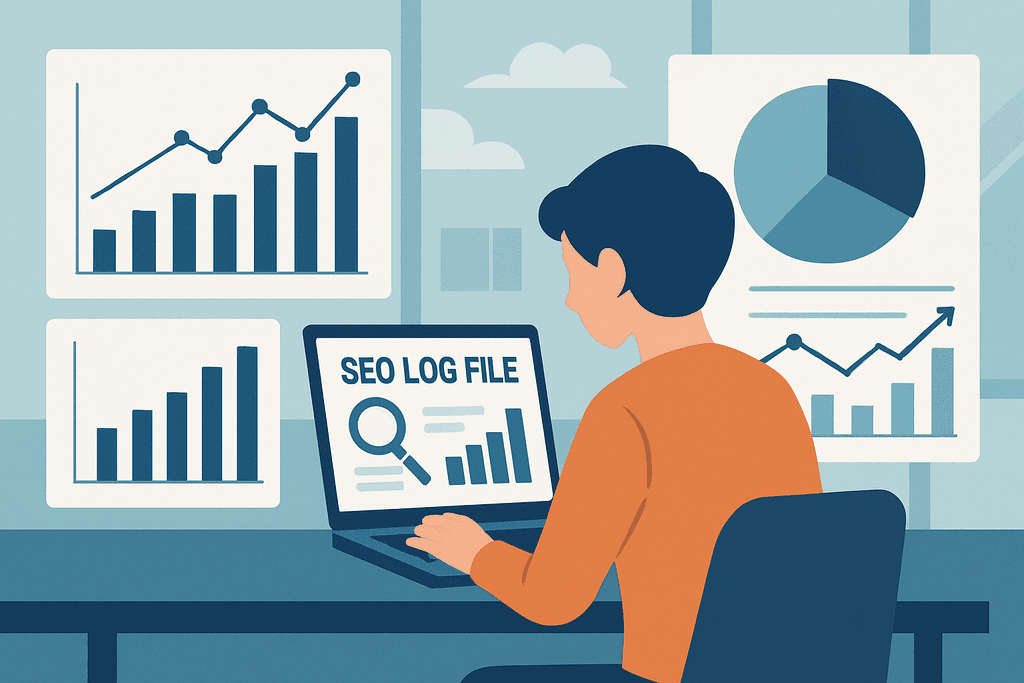一位男性坐在桌前，專注於電腦螢幕，螢幕上顯示著「SEO LOG FILE」的文字，以及多個成長趨勢的圖表，適合用於人工智慧與網站經營分析。