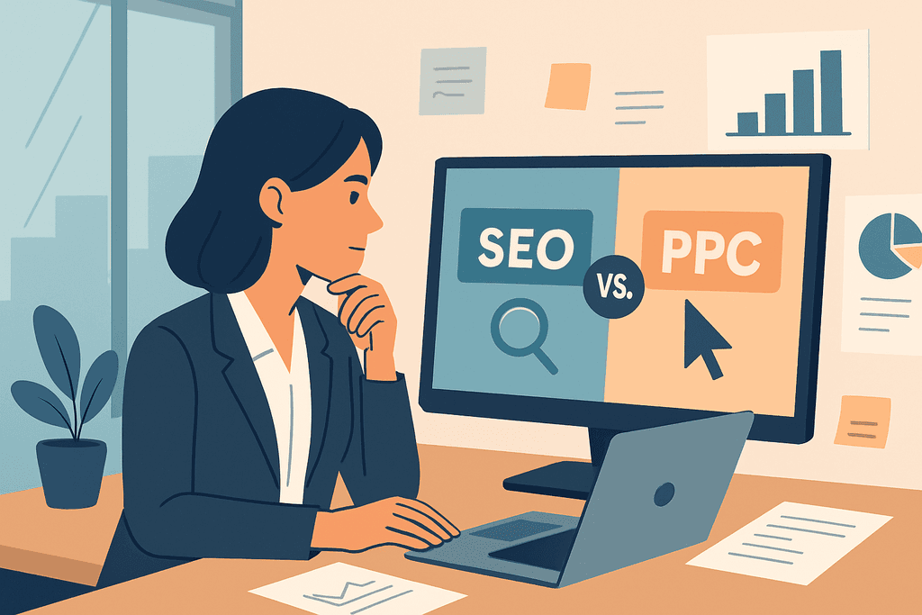 圖片顯示一位女性在辦公室中思考，眼前的電腦螢幕上清晰顯示「SEO vs PPC」的比較，背後的牆上貼有數個圖表和數據資料，呈現網站經營的策劃與思考過程，強調人工智慧與人工智能在網頁設計和網站架設中的重要性。