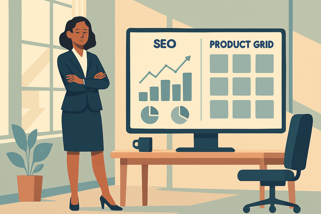 這張圖片展示了一位女性專業人士站在桌前，面對一台顯示 SEO 以及產品網格的電腦螢幕，背景為明亮的辦公室環境，顯示出基於人工智慧的網站經營分析。