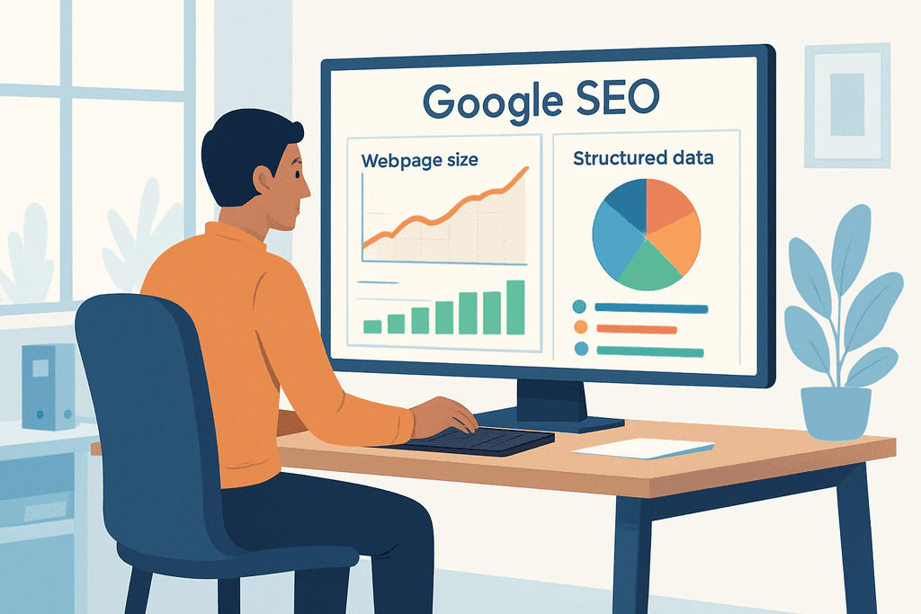 一位男士坐在桌前，專注於電腦螢幕上的Google SEO資料分析，顯示網頁大小與結構化數據的圖表，展現網站經營的關鍵元素，並強調人工智能在網頁設計中的應用。
