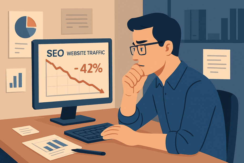 一位男性面對電腦螢幕，螢幕上顯示著「SEO 網站流量 -42%」的圖表，背景中有各種分析報告，顯示他正在進行網站經營的流量分析，思考如何改善網站的SEO表現。