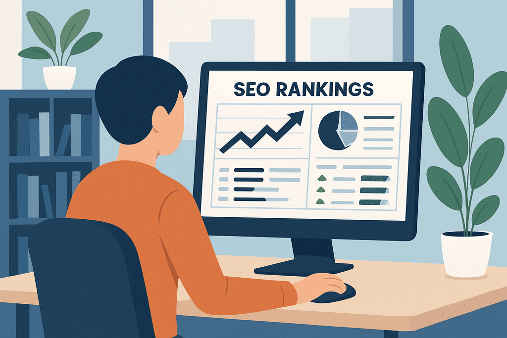 一位正在操作電腦的年輕人，專注於螢幕上顯示的SEO排名分析圖表，桌上擺放著植物，背景為書架，整體環境充滿現代感，突顯人工智能對網站經營的重要性。