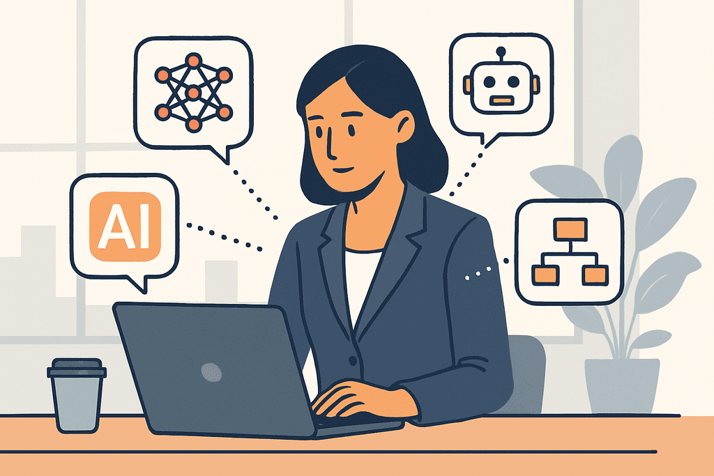 這張圖片展示一位專注於電腦前的女性，旁邊出現與人工智慧有關的圖示，包括AI字樣、機器人圖示及流程圖，象徵著人工智能在網站經營和網頁設計中的應用。