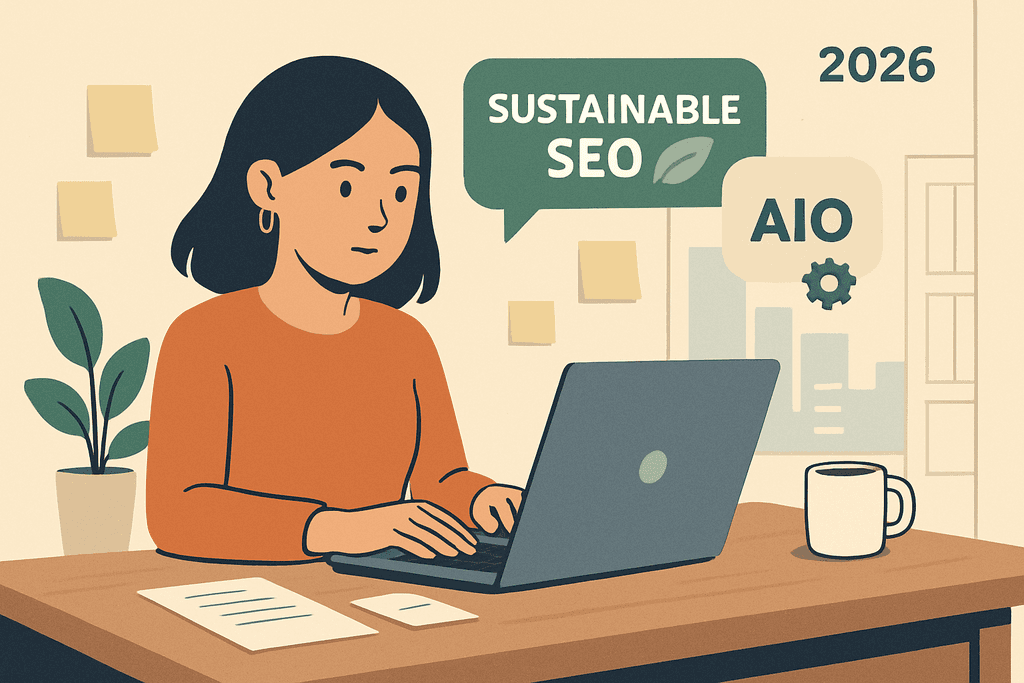 這張圖片顯示一位女性專注於電腦，研究關於人工智慧和可持續SEO的資訊。桌上擺著幾份文件和一杯熱飲，背景牆上有簡單的綠色植物和便利貼，營造出一個適合網站架設和網頁設計的工作環境。