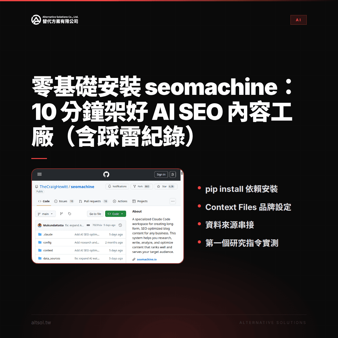 自動化工具Seomachine的安裝流程圖，展示如何透過Make.com與Claude Code進行流程自動化，提升企業效率。