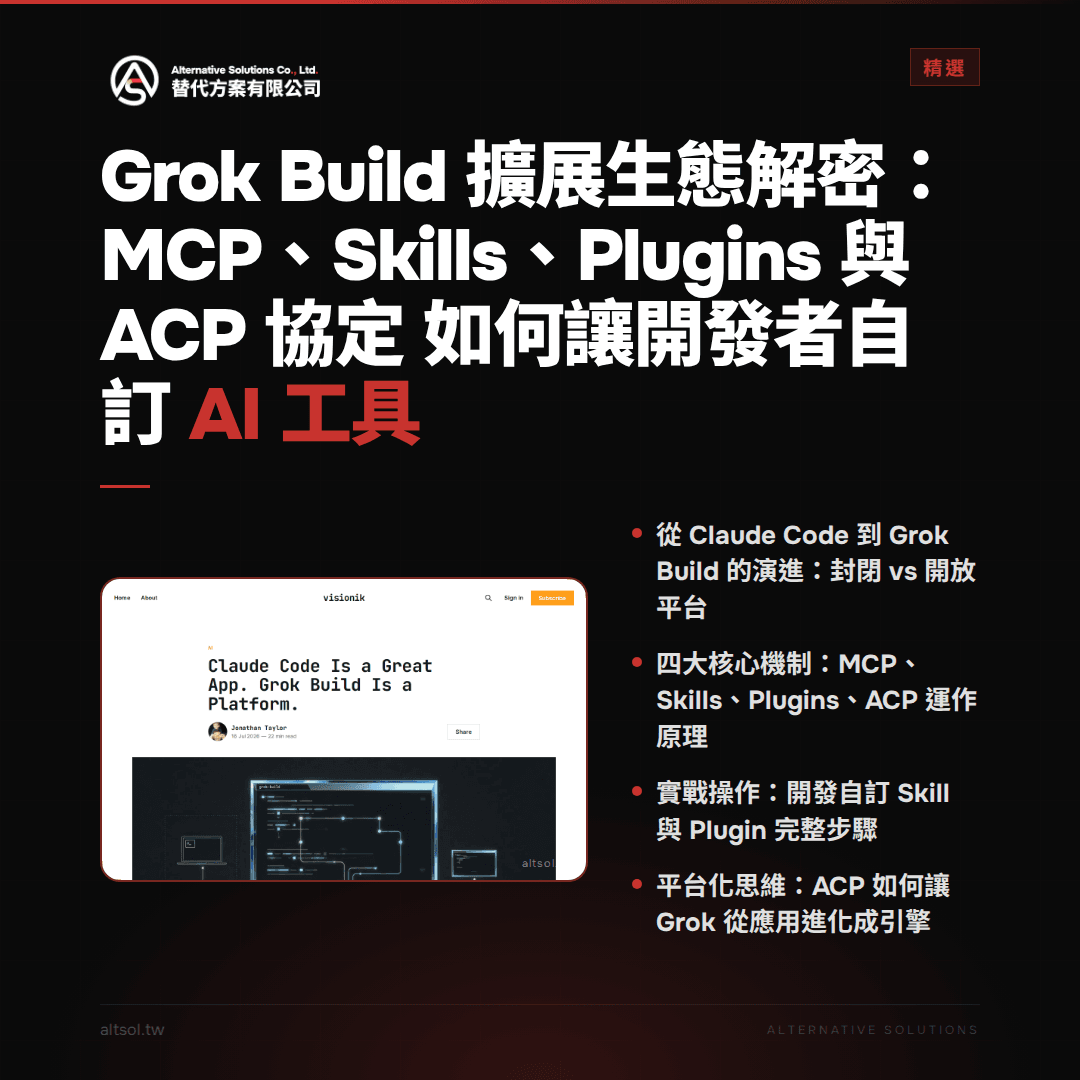 Grok Build 擴展生態解密：MCP、Skills、Plugins 與 ACP 協定如何讓開發者自訂 AI 工具 — 精選