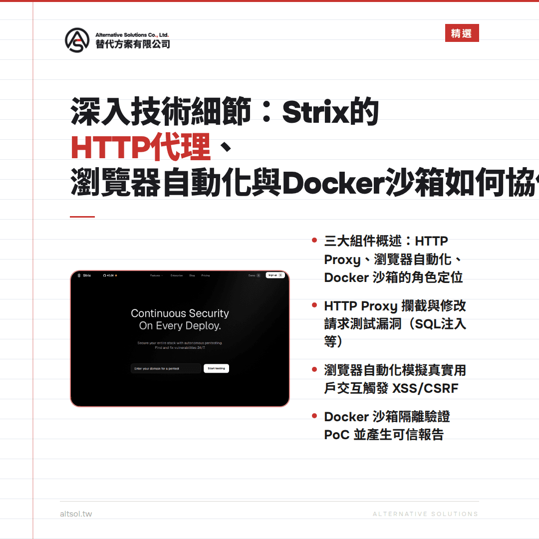 專案範例圖片顯示Strix公司網站，內容涵蓋HTTP代理、瀏覽器自動化與Docker沙箱的技術細節，適用於IT專業人士學習或演示