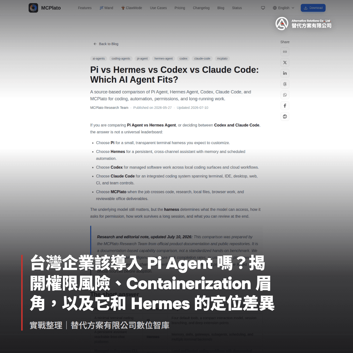 台灣企業該導入 Pi Agent 嗎？揭開權限風險、Containerization 眉角，以及它和 Hermes 的定位差異